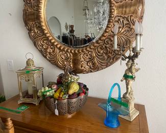 Tin bowl w fruit / blue glass basket /  Figure lamp 
