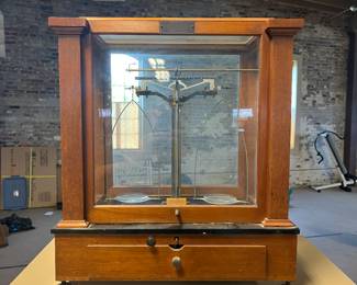 Old Apothecary/Analytical Balance SCALE - Wood & Glass Case