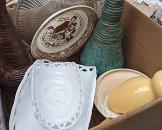 Norman Rockwell pie plate, haeger planter and vase, white glass decor pieces