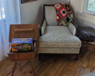 Chair is super comfy. From my Real estate staging. Flip top table, macrame footstool and leather pillow are available too