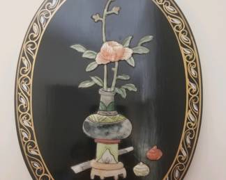 Vintage framed oriental wall plaque/applied hardstone design - 1 of 2