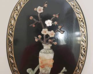 Vintage framed oriental wall plaque/applied hardstone design - 2 of 2