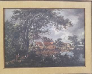 Vintage lithograph art print - landscape/water mill