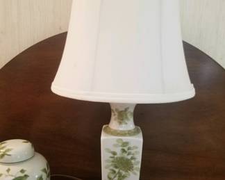 Vintage porcelain table lamp decorated with green florals & bird/fabric shade