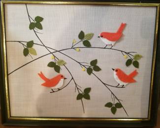 Framed mixed media picture of birds - fabric, ink & yarn
