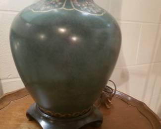 Green Chinoiserie lamp/ handpainted gold decoration & fabric shade
