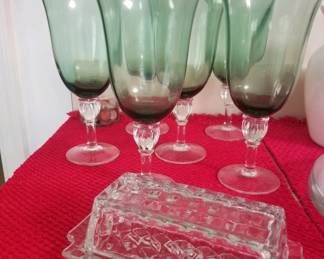 Lenox “Verde” stemware, pressed glass clear butter dish