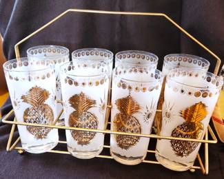 Mid-Century Frosted Gold Pineapple Highball Glasses with Carrier 2 Sets of 8
