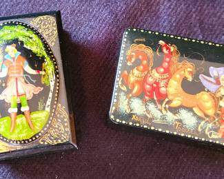 Rare Antique 2 Russian Folk Art Fairy Tale Lacquer Miniature Box  Hand Painted and Artist Signed 2”x3”
