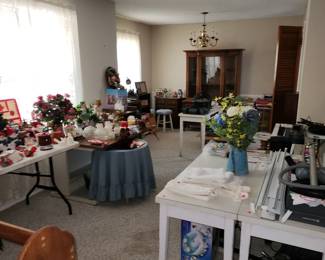 Bassett China Hutch, vintage Christmas decoration, Tables, Shelves, blanket rack, kitchen items