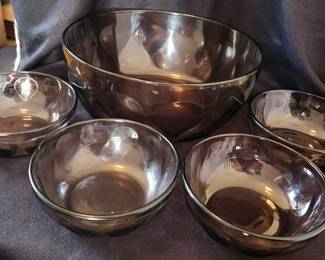 Vintage Pyrex by Corning  Fireside Sculped # 844F 
5 Piece Salad Bowl Set- Brown
1 Serving Bowl 4 qt.- 4 Bowls 16oz 
