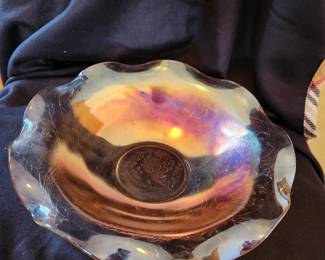 Vintage Iridescent Marigold Carnival Glass Ruffle Bowl
Jeannette Iris & Herringbone  11.5”
