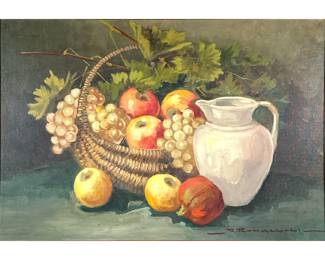 20TH CENTURY STILL LIFE | fall harvest. Oil on canvas. 19.5in x 27 in. stretcher. Showing basket of fruits and water pitcher. Signed lower right. - l. 31 x h. 23.5 in