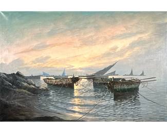 20TH CENTURY HARBORSCAPE PAINTING | “Harbor at dawn” Oil on canvas 24in x 36in Showing rowboats tied off and sailboats with their sails and masts down Signed lower left. - l. 44.25 x h. 32.25 in
