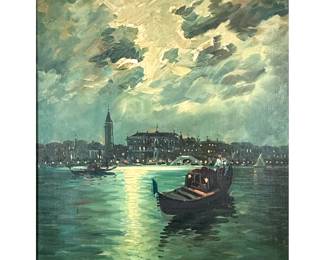 AGOSTINO VINCENZI (20TH CENTURY) | Nights in Venice. Oil on canvas. 20in x 16 in . stretcher. Showing a cloudy nighttime scene of Venice with various boats and lights dotting the horizon and the reflection of the moon through the clouds bouncing off the water. Signed lower right. - l. 25 x w. 2.5 x h. 29 in (frame)