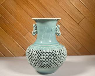 DOUBLE-WALLED JAPANESE VASE | Light blue glazed vase with squirrel handles, small painted doves, and intricately made double walled vase with ring lattice. - h. 11.5 x dia. 9.5 in
