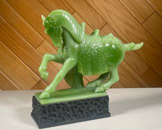 COMPOSITION CHINESE HORSE FIGURE | Ornate faux jade horse on a black carved pedestal. - l. 12.5 x w. 3.5 x h. 11 in