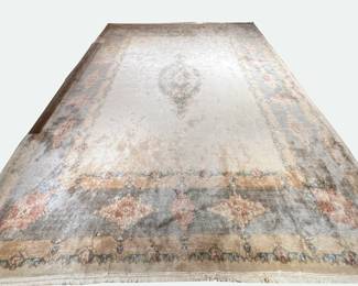 AUBUSSON STYLE CARPET | hand-woven, having a cream ground with a pattern floral blue and pink border. - l. 215 x w. 161 in