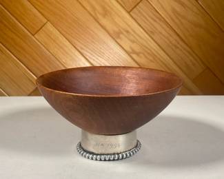 STERLING BANDED BOWL | Small wood bowl with hand wrought sterling band around the bottom, engraved “Edward and a carol December 11th 1954. - h. 4 x dia. 7.75 in