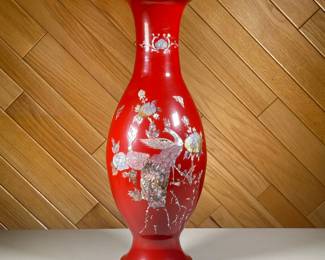KOREAN APPLIQUÉ ENAMEL METAL VASE | Of large size; red enameling with mother of pearl applied decoration. - h. 22.5 x dia. 8 in