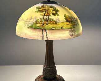 HANDEL STYLE PAINTED GLASS LAMP | Painted glass lamp depicting beautiful nature scene atop painted brass base. - h. 23.5 x dia. 16 in