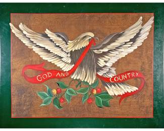 EAGLE PAINTING ON BOARD | “God and Country”
Paint on board. 24in x 31in. Showing eagles with wings spread carrying red banner reading “God and Country” with fruits below. - l. 31 x h. 24 in