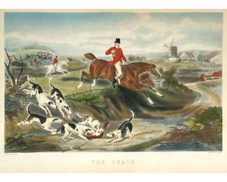 (2PC) FRAMED FOX HUNTING PRINTS | “The Death” and “Full Cry” Lithograph print on paper 9in x 14 in., sight Showing hunting dogs attacking fox with riders behind, and dogs and riders in full pursuit leaping over a stream. - l. 20 x h. 14.75 in (framed)