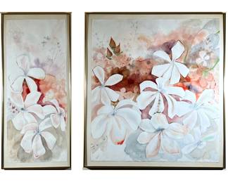(2PC) FLORAL WATER COLORS | Signed Andrea Ruoff
16 x 36 in., (smaller) - l. 33 x h. 36 in (largest frame)