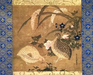 TOSA MITSOUKI (1617-1691) REPRODUCTION | “Quails and Flowers”. Reproduction print from Museum of Asiatic Art, Rijksmuseum, Amsterdam. 15.5in x 15.5in. Showing small quails amongst flora and fauna with blue and gold border, in gilt faux bamboo frame. - l. 23 x h. 23 in