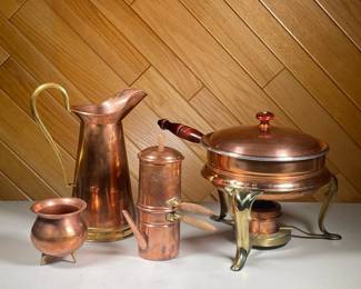 LARGE COPPER LOT | Includes; large copper and brass pitcher, small copper cauldron, small copper coffee pot , and copper and brass pan and dish warmer rack. - h. 10 x dia. 10 in (large pot)