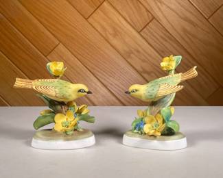 (2PC) PAIR LINLEY ADAMS YELLOW WARBLER FIGURINES | Staffordshire fine bone China, colorful painted yellow warbler figurines, signed on bottom “Linley Adams Yellow Warbler” one number “118” and the other “119”