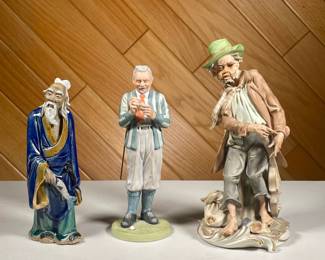 (3PC) MAKE FIGURINES | Includes; Norman Rockwell’s “Old Man Tracy” figurine by Benedictine, drifter with violin figurine, and old Chinese man figurine. - l. 4.75 x w. 4.25 x h. 9.5 in (drifter)