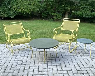 (4PC) PATIO SIDE TABLE AND CHAIRS | Includes: 2 yellow aluminum patio chairs - one being a rocker, small round side table and larger round table. Large table dimensions: H. 16.5in Dia. 29.5in. - l. 32 x w. 24 x h. 34 in