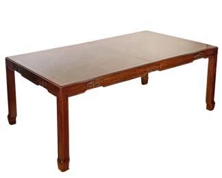 "MING TREASURE" PARQUETRY INLAID DINING TABLE | “Ming Treasure” dining table by Drexel Heritage with cleanly carved sides and gorgeous parquetry patternned top; plus two leaves. - l. 75.5 x w. 45.5 x h. 29.5 in