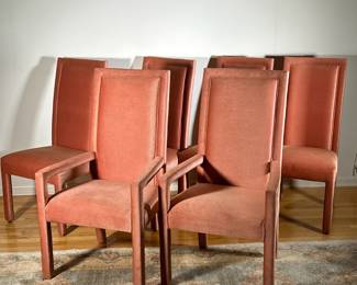 (6PC) SALMON PINK DINING CHAIR SET | Includes; 2 armchairs and 4 dining chairs completely upholstered in soft salmon pink fabric. - l. 23 x w. 22 x h. 43 in (armchair)