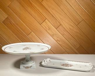 GILT LIMOGES CAKE PLATTER | Elevated gilt Limoges cake platter with gilt border and gilt floral decoration. - h. 5 x dia. 12.75 in