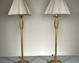 (2PC) PAIR GILT PINAPPLE TALL LAMPS | Tall metal lamps with pineapple design and string lampshades. - h. 32.5 x dia. 11.5 in