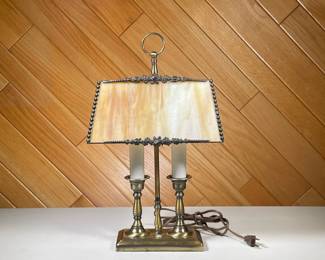 SLAG GLASS LAMP | Rectangular slap glass lamp with 2 candlestick lights and floral border around lampshade. - l. 10.25 x w. 5.5 x h. 17 in