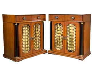 (2PC) PAIR NEOCLASSICAL STYLE NIGHTSTANDS | Bethlehem Furniture (American Made, 20th Century)
Two fancy nightstands or side tables with two drawers and curtained grillwork doors. - l. 28 x w. 15 x h. 30 in