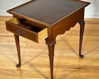 INLAY OAK SIDE TABLE | Inlay oak top side table with raised lip above single drawer with brass pulls. - l. 24” x w. 20.25 x h. 25 in