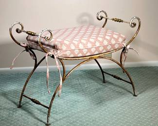 WROUGHT IRON WINDOW BENCH | With pink rhombus cushion and brass handles. - l. 32 x w. 16 x h. 22.5 in
