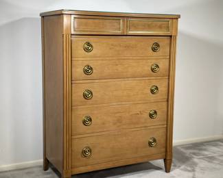 NATIONAL FURNITURE CO. TALL DRESSER | 20th century, light-colored wood; tall dresser with 5 full-width drawers and one split drawer at the top. - l. 36 x w. 20 x h. 48 in