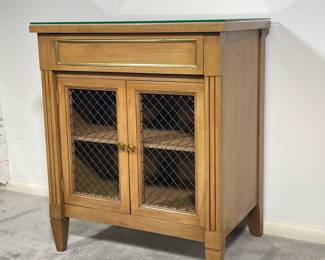 NATIONAL FURNITURE SIDE TABLE | Small side table with small top drawer and meshed panned doored shelves. - l. 22 x w. 15.75 x h. 26 in