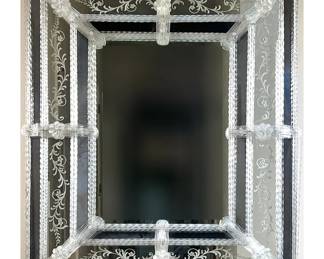 VENETIAN GLASS MIRROR | Large 4 piece mirror with spiraling Venetian glass frame around each piece and large glass straps at the corners. - l. 32 x w. 2 x h. 40 in
