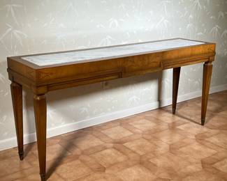 KAMED MARBLE INLAID BREAKFRONT | Gorgeous wooden carved table with an marble inlaid top . - l. 60 x w. 15 x h. 27.5 in