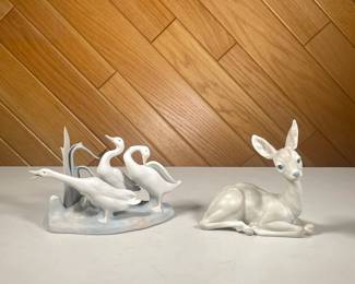 (2PC) LLADRO ANIMAL FIGURINES | Small hand made fawn and geese figurines. - l. 9.5 x w. 5 x h. 6 in