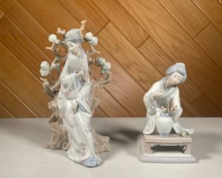 (2PC) LLADO JAPANESE WOMAN FIGURINES | Two Japanese women figurines, one glazed and standing the other kneeling, gardening and matte. - l. 7.5 x w. 6 x h. 12 in