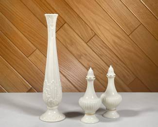 (3PC) LENOX CREAM & GILT CERAMICS | Includes; salt and pepper shakers with gilt accents, and tall bud vase with leaf decoration. - h. 10.75 x dia. 2.5 in (bud vase)