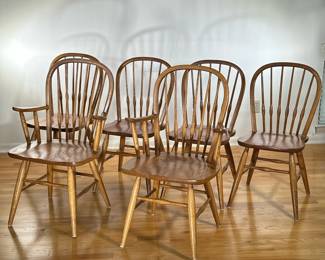 (6PC) WINDSOR STYLE DINING CHAIRS | Set of spindle bow back dining chairs with two armchairs and four traditional dining chairs. - l. 23.5 x w. 21.5 x h. 37.75 in