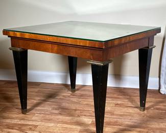 GLASS TOP LOW SIDE TABLE | Square low-side table with glass top and brass accents around the tops and bottoms of the square legs. - l. 24 x w. 21 x h. 18 in